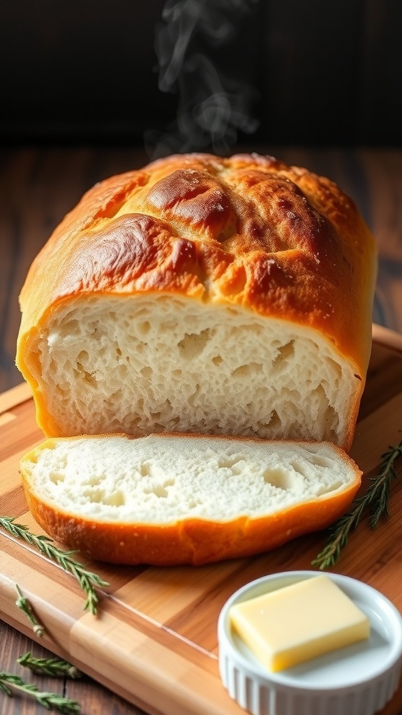Classic 2-Pound Bread Machine Recipe A golden brown 2-pound loaf of bread sliced on a cutting board, with steam and herbs around it.